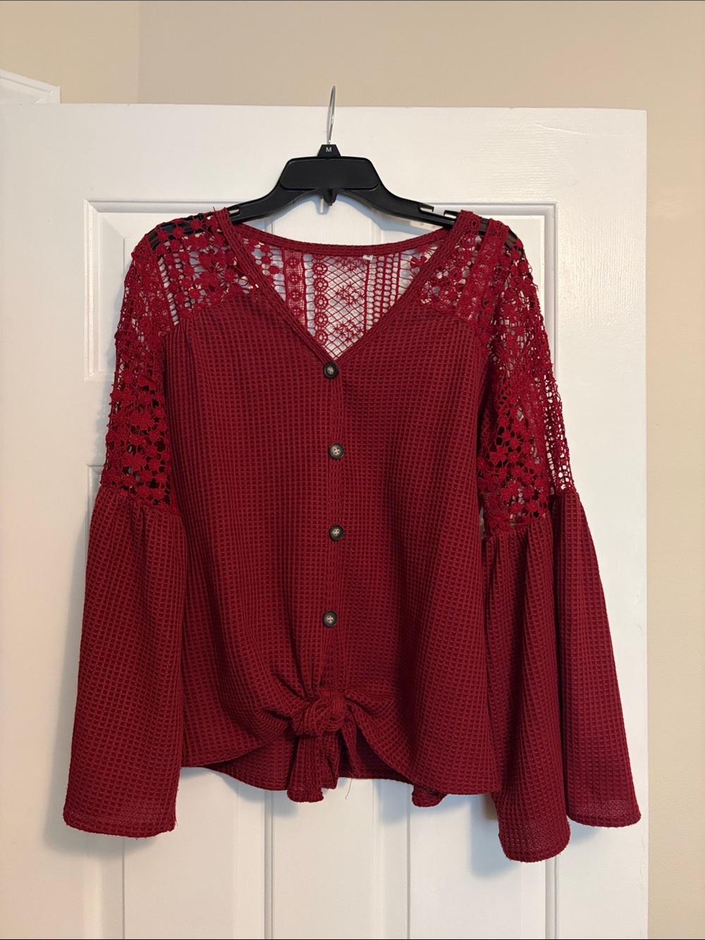 Women's Burgundy Crochet-Yoke Button Front Tunic